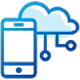 Icon of a smartphone connected to a cloud via circuit lines, symbolizing cloud computing or data synchronization. The cloud and phone are in blue, highlighting a digital, tech-focused theme.