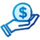 Icon of a hand holding a circular object with a dollar sign, colored in shades of blue.