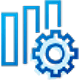 Blue gear overlaying three vertical blue bars of varying heights, resembling a simplified bar chart. The design suggests themes of technology, engineering, or data analysis. The background is white.