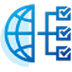 Icon depicting a blue, stylized globe on the left, with network connections branching out to three checkboxes on the right. The design suggests concepts of global connectivity and task completion.