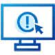 A blue silhouette of a computer monitor displays an exclamation mark inside a circle, with a cursor arrow pointing at it. The design has a digital, tech-themed appearance.