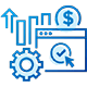 An illustration of financial growth, featuring an upward arrow, bar chart, web page icon with a checkmark, a dollar symbol, and a gear, all in blue.